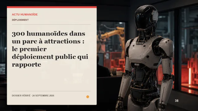 Groupe de robots humanoïdes génériques dans une place de parc à attractions au crépuscule