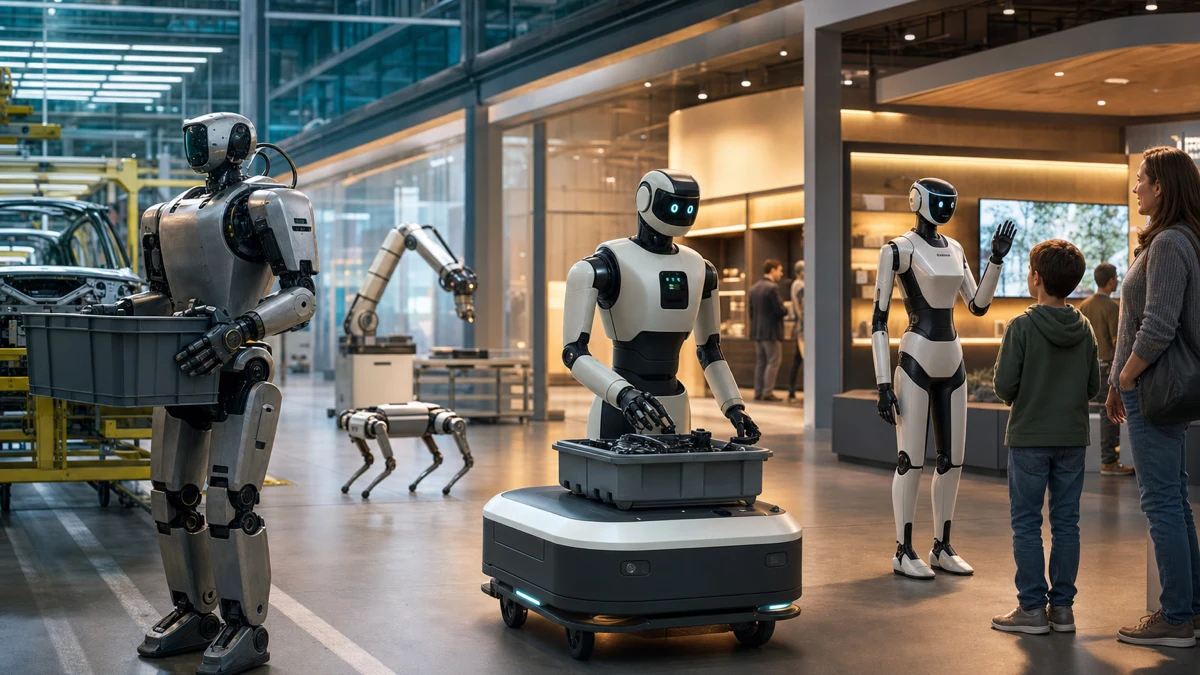 Panorama de robots humanoïdes récents entre scène publique, atelier industriel et espace de service