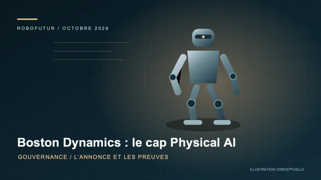 Robot Spot jaune de Boston Dynamics photographié sur un chemin forestier