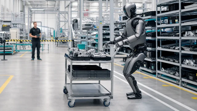 Illustration éditoriale d’un humanoïde manipulant un chariot de pièces dans une usine automobile