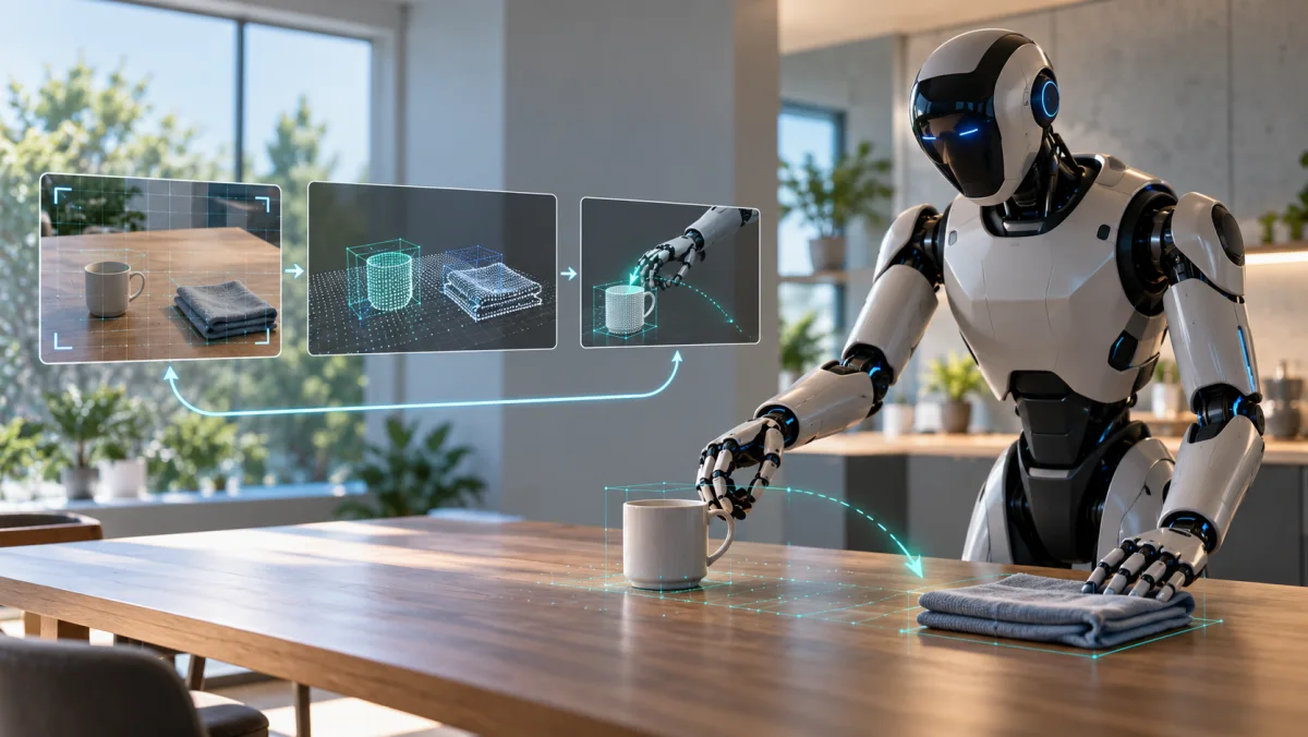 Robot humanoïde générique manipulant un objet devant un double numérique translucide dans un laboratoire