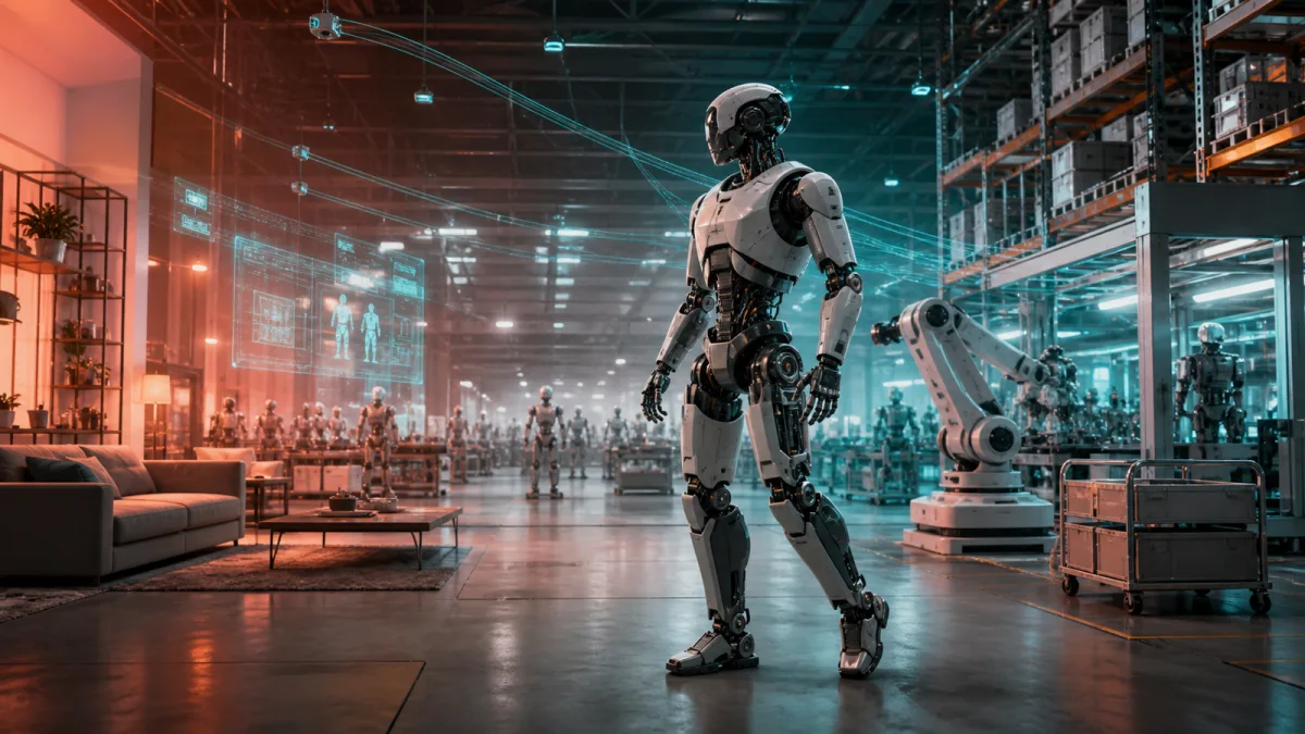 Illustration éditoriale d’un humanoïde bipède générique dans une usine de données mêlant maison, logistique et production