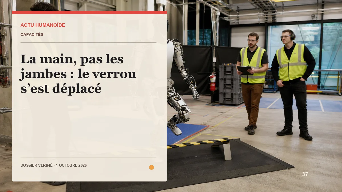 Main robotique blanche à quatre doigts en gros plan sur un établi d’atelier