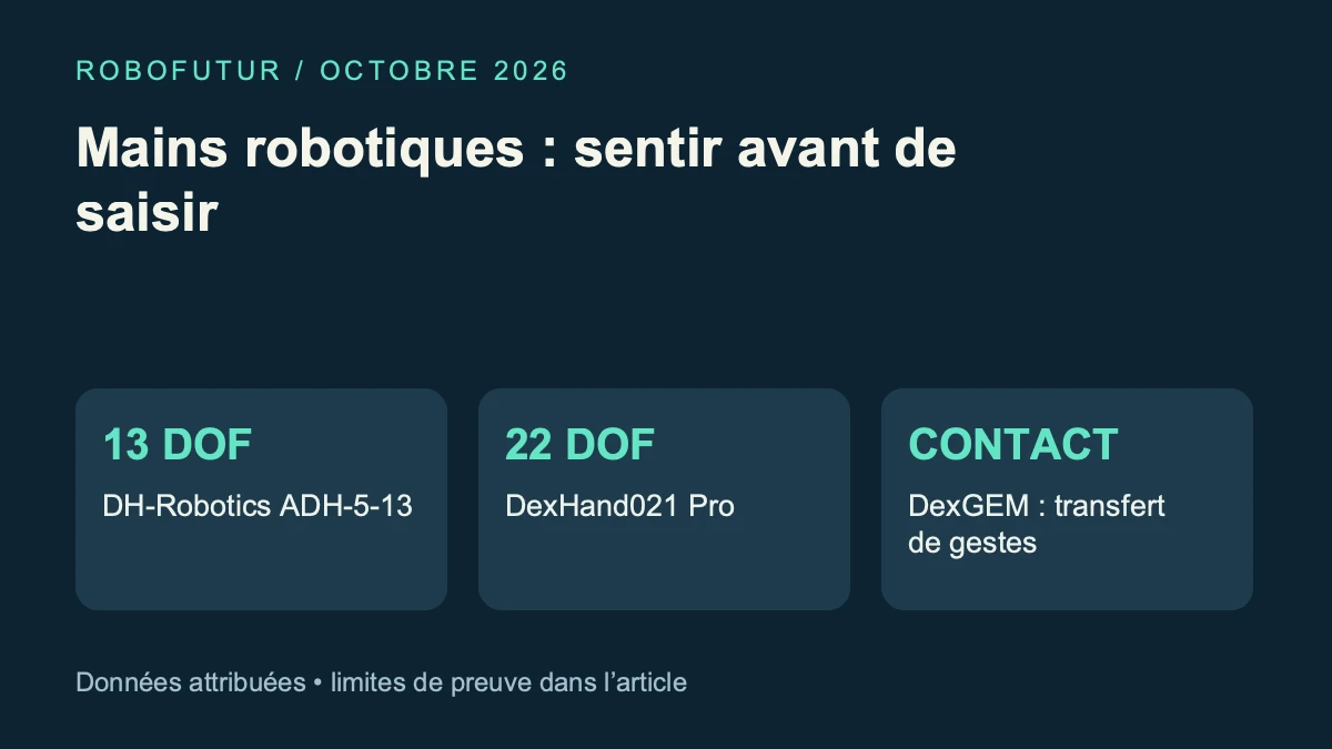 Infographie : DH-Robotics 13 degrés de liberté, DexHand021 Pro 22 et pipeline DexGEM