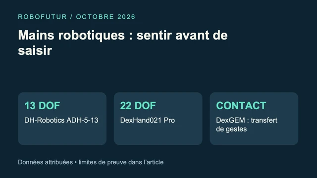 Infographie : DH-Robotics 13 degrés de liberté, DexHand021 Pro 22 et pipeline DexGEM