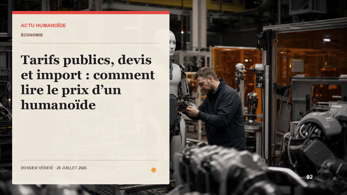 Scène photographique illustrant le dossier « Tarifs publics, devis et import : comment lire le prix d’un humanoïde »