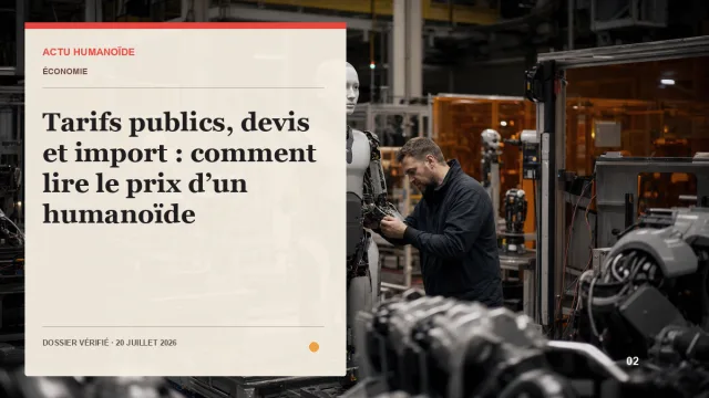 Scène photographique illustrant le dossier « Tarifs publics, devis et import : comment lire le prix d’un humanoïde »
