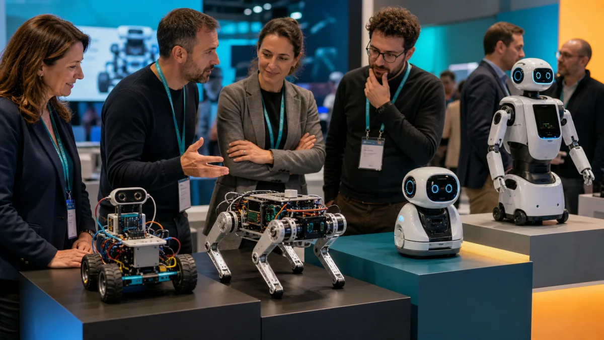 Adultes comparant quatre formats de robots éducatifs sur un stand de démonstration