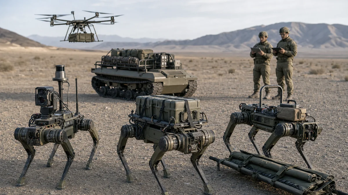 Trois chiens-robots militaires spécialisés, un véhicule terrestre autonome et un drone de transport pendant un exercice dans le désert