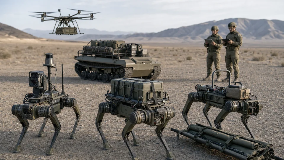 Trois chiens-robots militaires spécialisés, un véhicule terrestre autonome et un drone de transport pendant un exercice dans le désert