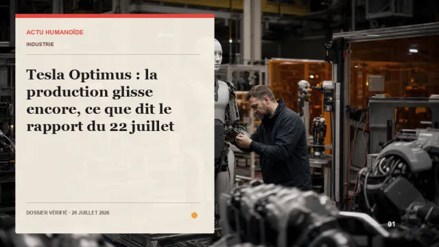 Chaîne d'assemblage industrielle générique en cours de conversion, robots humanoïdes en arrière-plan