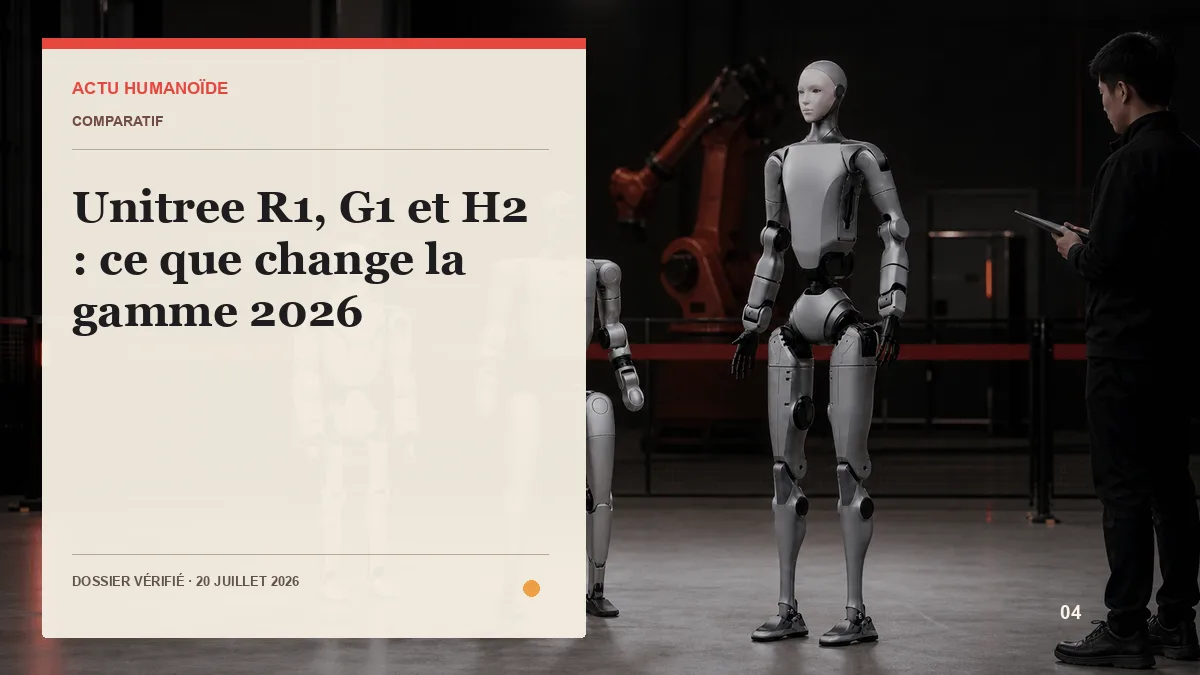 Scène photographique illustrant le dossier « Unitree R1, G1 et H2 : ce que change la gamme 2026 »